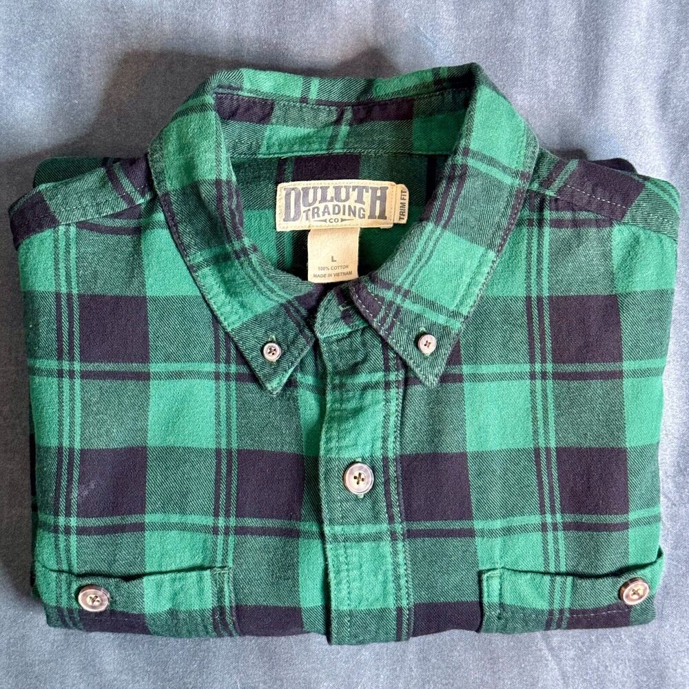 Duluth Trading Co Mens Large Button Up Plaid Long Sleeve Flannel Green Shirt
